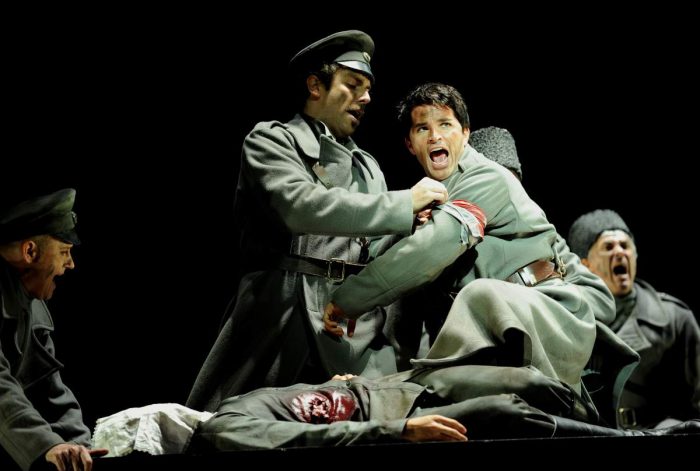 Cast members perform during a media call